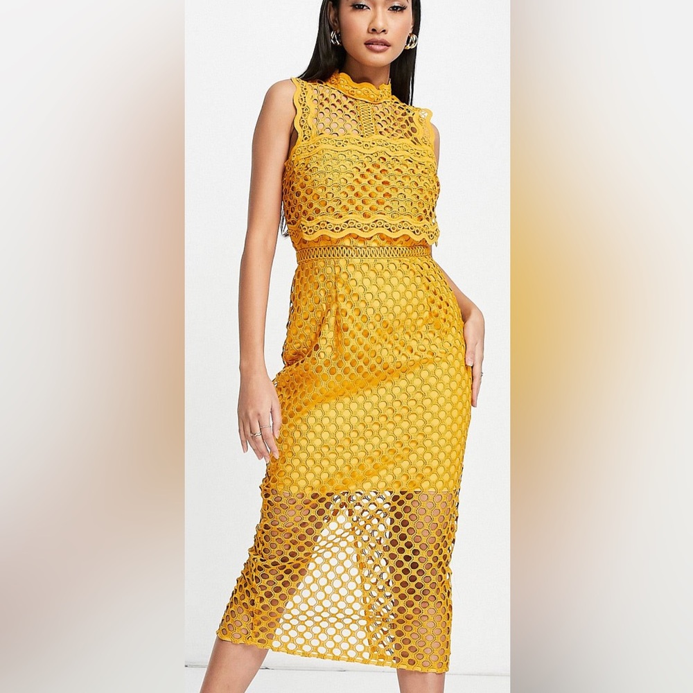 ASOS DESIGN structured lace pencil dress with high neck in mustard color